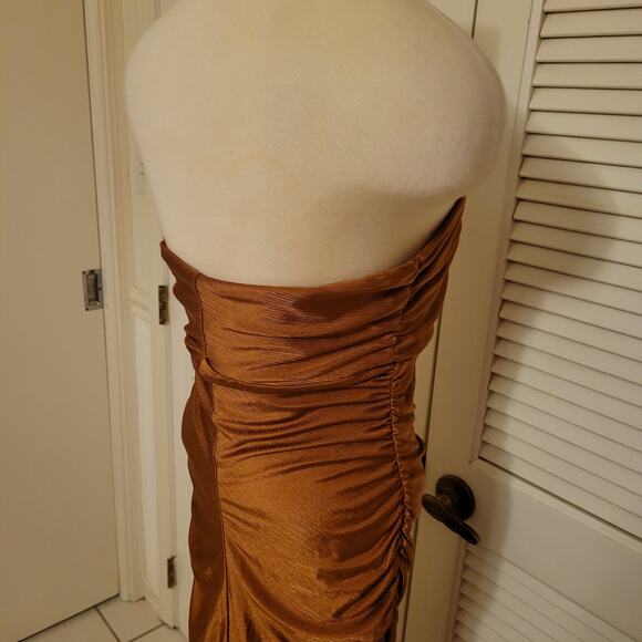 Ruched Strapless Satin Midi Dress Brown Lulu's Small Evening Cocktail - Picture 5 of 9